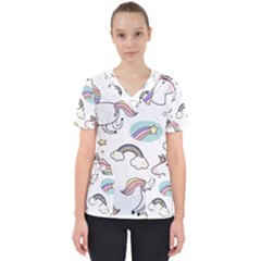 Cute Unicorns With Magical Elements Vector Women s V-neck Scrub Top by Sobalvarro