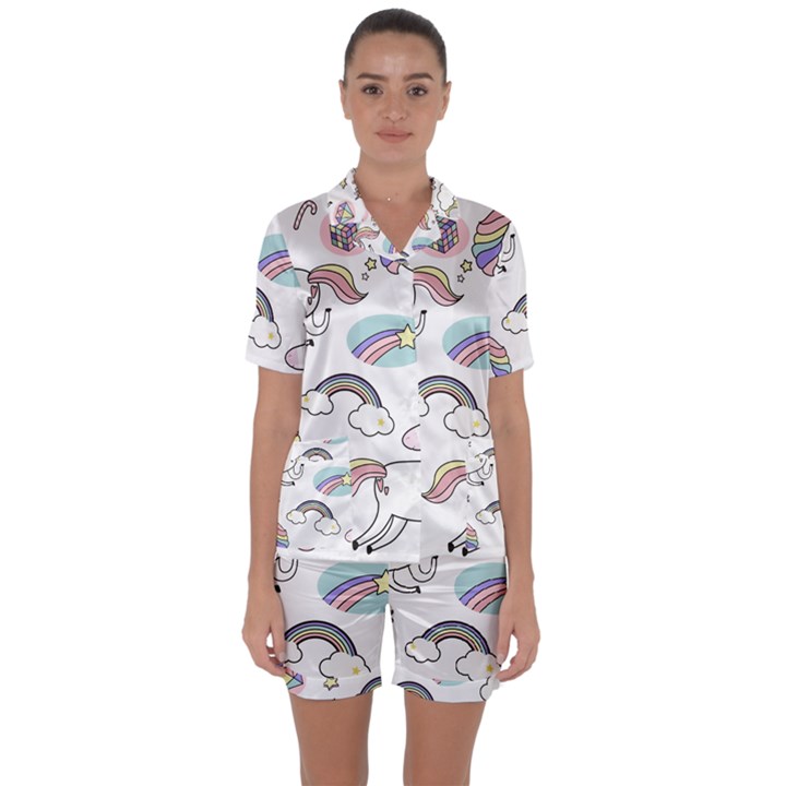 Cute Unicorns With Magical Elements Vector Satin Short Sleeve Pyjamas Set