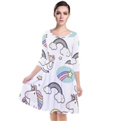 Cute Unicorns With Magical Elements Vector Quarter Sleeve Waist Band Dress by Sobalvarro