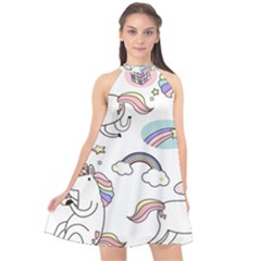 Cute Unicorns With Magical Elements Vector Halter Neckline Chiffon Dress 