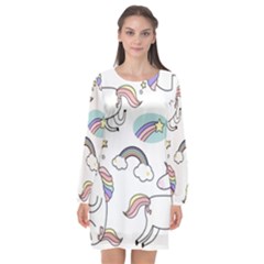Cute Unicorns With Magical Elements Vector Long Sleeve Chiffon Shift Dress  by Sobalvarro