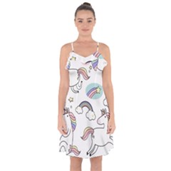 Cute Unicorns With Magical Elements Vector Ruffle Detail Chiffon Dress