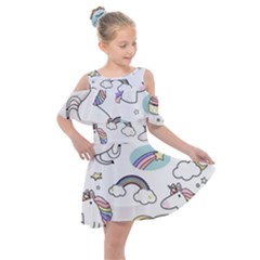 Cute Unicorns With Magical Elements Vector Kids  Shoulder Cutout Chiffon Dress by Sobalvarro