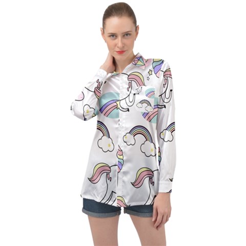 Cute Unicorns With Magical Elements Vector Long Sleeve Satin Shirt by Sobalvarro