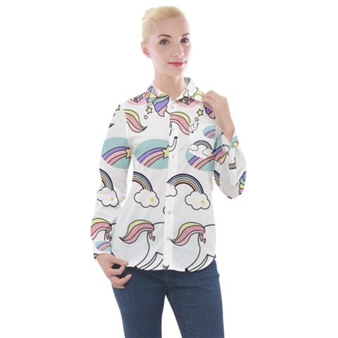 Cute Unicorns With Magical Elements Vector Women s Long Sleeve Pocket Shirt by Sobalvarro