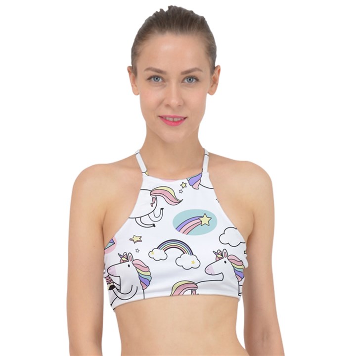 Cute Unicorns With Magical Elements Vector Racer Front Bikini Top