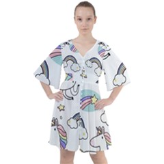 Cute Unicorns With Magical Elements Vector Boho Button Up Dress by Sobalvarro