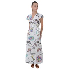 Cute Unicorns With Magical Elements Vector Flutter Sleeve Maxi Dress by Sobalvarro