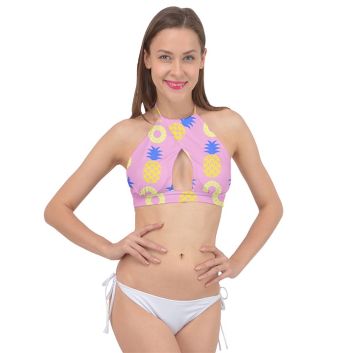 Pop Art Pineapple Seamless Pattern Vector Cross Front Halter Bikini Top