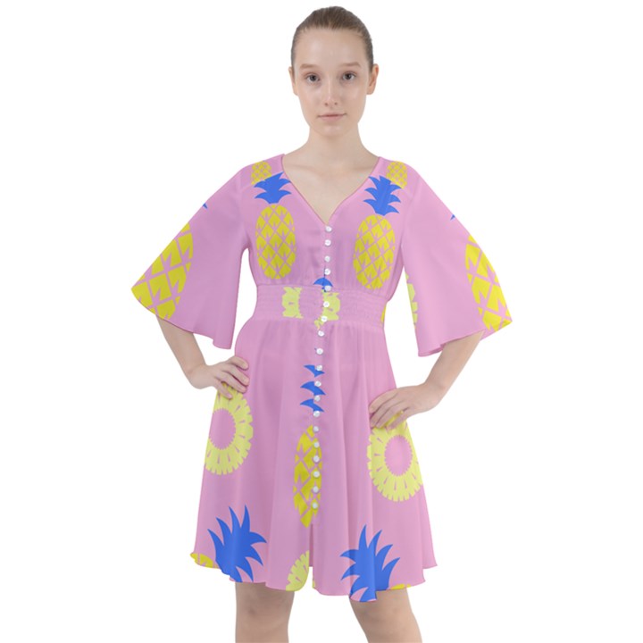 Pop Art Pineapple Seamless Pattern Vector Boho Button Up Dress