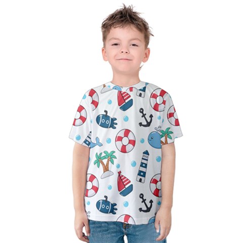 Seamless Pattern Nautical Icons Cartoon Style Kids  Cotton Tee by Vaneshart