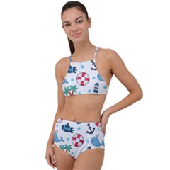 Seamless Pattern Nautical Icons Cartoon Style High Waist Tankini Set by Vaneshart