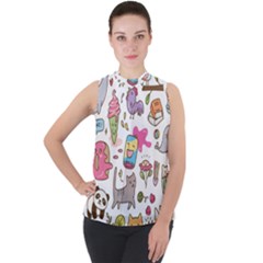 Set Kawaii Doodles Mock Neck Chiffon Sleeveless Top by Vaneshart