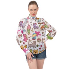 Set Kawaii Doodles High Neck Long Sleeve Chiffon Top by Vaneshart