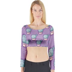 Seamless Pattern Patches Cactus Pots Plants Long Sleeve Crop Top