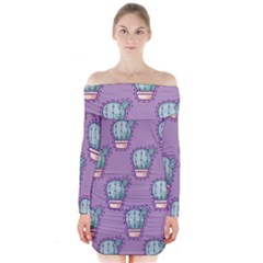 Seamless Pattern Patches Cactus Pots Plants Long Sleeve Off Shoulder Dress by Vaneshart