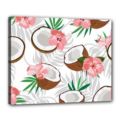 Seamless Pattern Coconut Piece Palm Leaves With Pink Hibiscus Canvas 20  X 16  (stretched) by Vaneshart