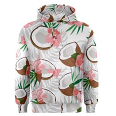 Seamless Pattern Coconut Piece Palm Leaves With Pink Hibiscus Men s Pullover Hoodie