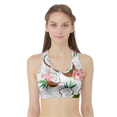 Seamless Pattern Coconut Piece Palm Leaves With Pink Hibiscus Sports Bra With Border by Vaneshart