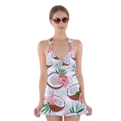 Seamless Pattern Coconut Piece Palm Leaves With Pink Hibiscus Halter Dress Swimsuit  by Vaneshart