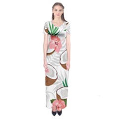 Seamless Pattern Coconut Piece Palm Leaves With Pink Hibiscus Short Sleeve Maxi Dress