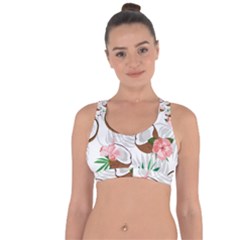 Seamless Pattern Coconut Piece Palm Leaves With Pink Hibiscus Cross String Back Sports Bra by Vaneshart