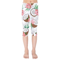 Seamless Pattern Coconut Piece Palm Leaves With Pink Hibiscus Kids  Capri Leggings  by Vaneshart