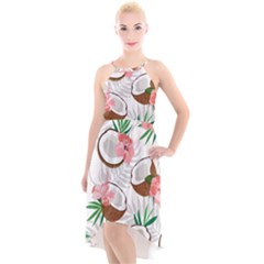 Seamless Pattern Coconut Piece Palm Leaves With Pink Hibiscus High-low Halter Chiffon Dress  by Vaneshart