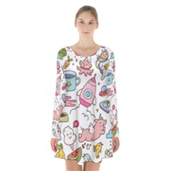 Set Kawaii Doodles Long Sleeve Velvet V-neck Dress