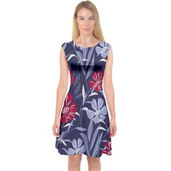 Abstract Seamless Pattern With Colorful Tropical Leaves Flowers Purple Capsleeve Midi Dress