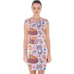 Cat Seamless Pattern Capsleeve Drawstring Dress  by Vaneshart