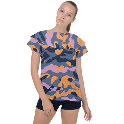 Camouflage Background Textile Uniform Seamless Pattern Ruffle Collar Chiffon Blouse by Vaneshart