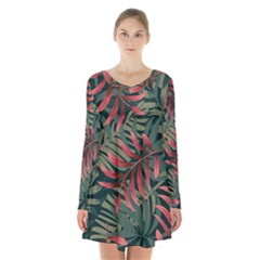 Trending Abstract Seamless Pattern With Colorful Tropical Leaves Plants Green Long Sleeve Velvet V-neck Dress