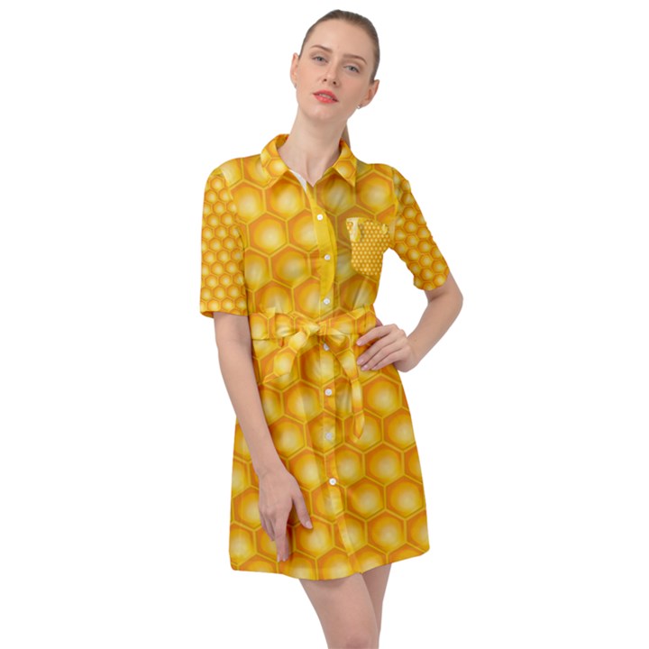 Abstract Honeycomb Background With Realistic Transparent Honey Drop Belted Shirt Dress