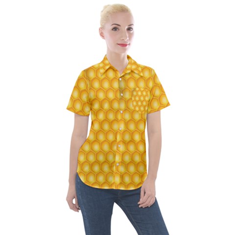 Abstract Honeycomb Background With Realistic Transparent Honey Drop Women s Short Sleeve Pocket Shirt by Vaneshart