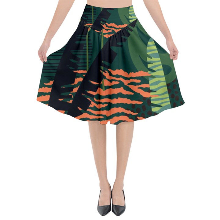 Abstract Seamless Pattern With Tropical Leaves Flared Midi Skirt