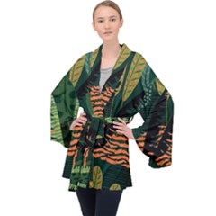 Abstract Seamless Pattern With Tropical Leaves Long Sleeve Velvet Kimono  by Vaneshart