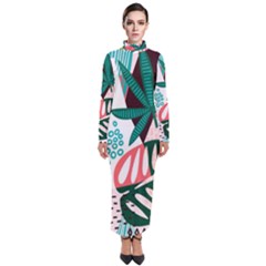 Abstract Seamless Pattern With Tropical Leaves Turtleneck Maxi Dress