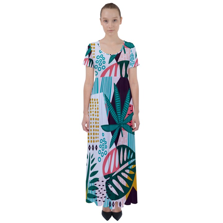 Abstract Seamless Pattern With Tropical Leaves High Waist Short Sleeve Maxi Dress