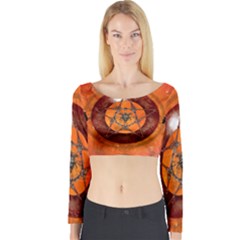 Awesome Skull On A Pentagram With Crows Long Sleeve Crop Top by FantasyWorld7
