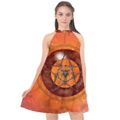 Awesome Skull On A Pentagram With Crows Halter Neckline Chiffon Dress  by FantasyWorld7