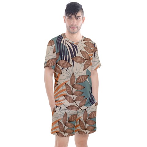 Trend Abstract Seamless Pattern With Colorful Tropical Leaves Plants Beige Men s Mesh Tee And Shorts Set by Vaneshart