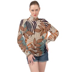 Trend Abstract Seamless Pattern With Colorful Tropical Leaves Plants Beige High Neck Long Sleeve Chiffon Top by Vaneshart