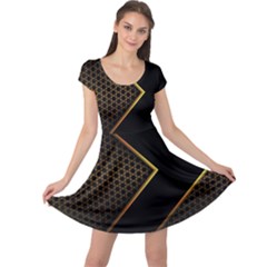 Black Arrow Gold Line Hexagon Mesh Pattern Cap Sleeve Dress