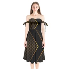Black Arrow Gold Line Hexagon Mesh Pattern Shoulder Tie Bardot Midi Dress by Vaneshart