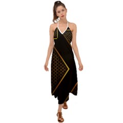 Black Arrow Gold Line Hexagon Mesh Pattern Halter Tie Back Dress  by Vaneshart