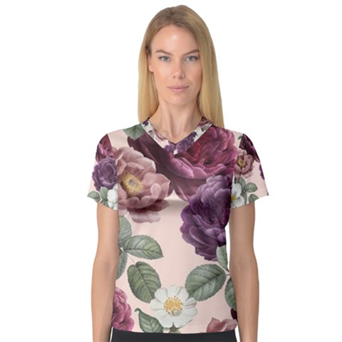 Romantic Floral Background V-neck Sport Mesh Tee by Vaneshart