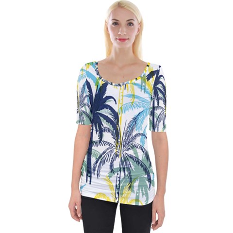 Colorful Summer Palm Trees White Forest Background Wide Neckline Tee by Vaneshart