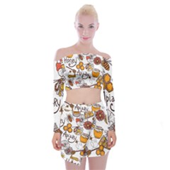 Honey Seamless Pattern Off Shoulder Top With Mini Skirt Set by Vaneshart