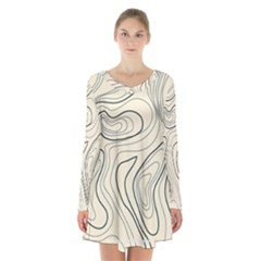 Topographic Lines Background Salmon Colour Shades Long Sleeve Velvet V-neck Dress